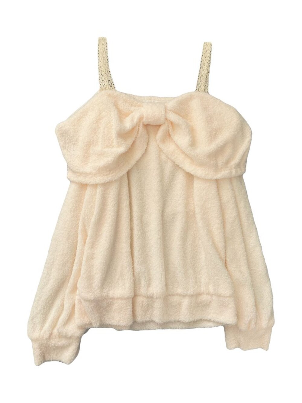 Cream white fluffy off-shoulder big bow pullover.